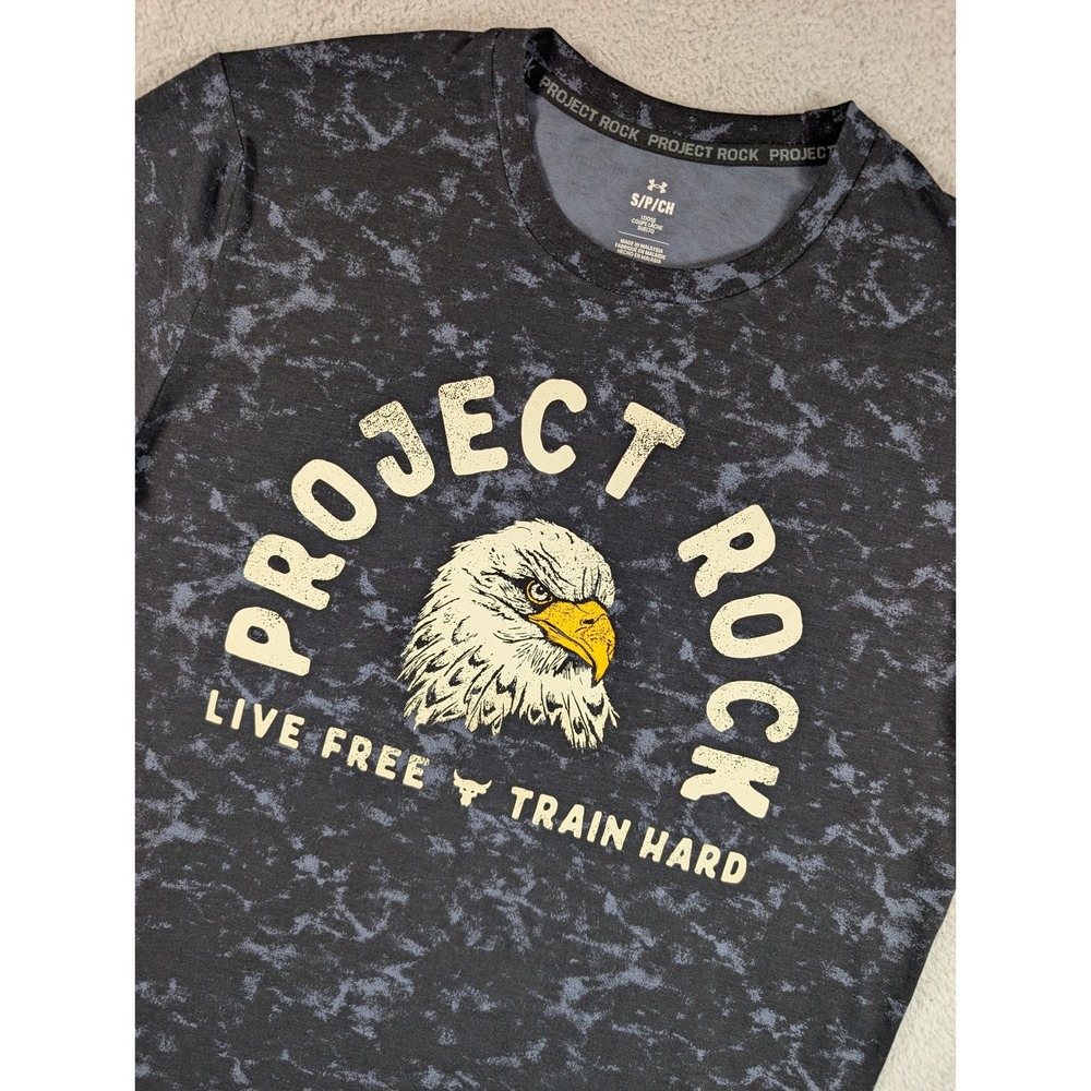 Under Armour Project Rock Mens Small Black Acid‎ Wash Eagle Graphic T-shirt